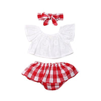 Lace Hollow Embroidered One-shoulder Top Plaid Shorts Set Headwear