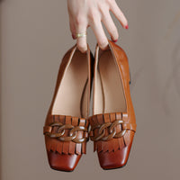 Fringed Chunky-heel Peep-toe Leather Shoes With A Chain Detail