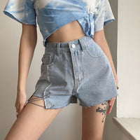 Women's Chain Raw Edge Washed Denim High Waist Wide Leg Shorts