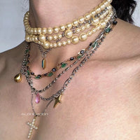 Pearl Titanium Steel Necklace With A Delicate Multi-layer Design