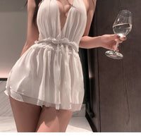 Deep V Halter Nightdress Backless Design See-through Double-layer Mesh