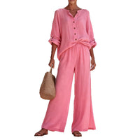Womens Casual V Neck Long Sleeve Shirt And Pants Set In Cotton Available In Multiple Colors