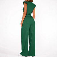 Womens Solid-Colored Summer Two-Piece Set Ruffled Hem Wide-Leg Pants Casual Fashion Outfit