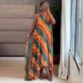 Neck-hanging Printed Hollow-out Loose Pleated Maxi Dress Long Skirt