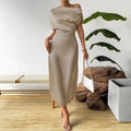 Satin Off-shoulder Figure-hugging Pleated Light-luxury High-end Long Dress