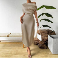 Satin Off-shoulder Figure-hugging Pleated Light-luxury High-end Long Dress
