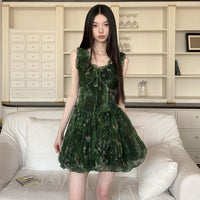 Niche Waist-Cinching Ruffle-Trim Camisole Chiffon Dress For Women