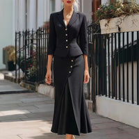 Three-quarter-sleeve Blazer And Long Skirt Set With Buttons And A Slit Mid-length Skirt