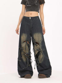 Ripped Love Lace-up Jeans Women's High Waist Straight Wide Leg Pants