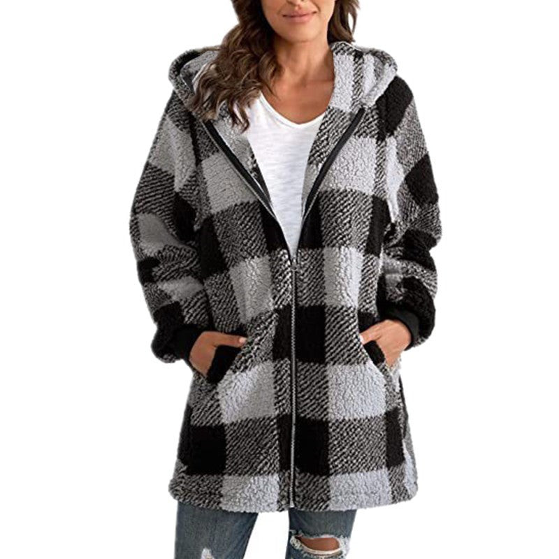 European Velvet Women's Long-sleeved Plaid Hooded Zipper With Pockets Baggy Coat