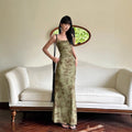 Chinese-style Green Mesh Floral Slip Dress For Women