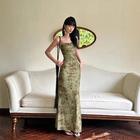 Chinese-style Green Mesh Floral Slip Dress For Women