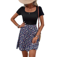 SpringSummer Printed High Waisted Fake Two Piece Short Sleeve Dress For Women