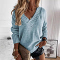 Solid-color Womens V-neck Long-sleeve Pullover Knit Top
