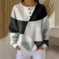 Retro 3D Digital-Print Three-Button Stand-Up Collar Sweater
