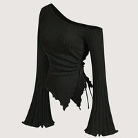Design Sense Off-neck Long Sleeve Slim-fitting Simple Rope T-shirt