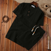 Cotton And Linen Two-piece Buckle Suit Casual V-neck Two-piece Set