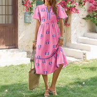 V-neck Loose-fitting Fashionable Floral-print Elegant Short-sleeve Dress