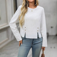 Round Neck Button Decoration Slit Simple Versatile Top