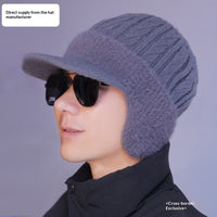 Thickened Warm Knitted Beanie With Rabbit Fur Lining And Ear Flapswind- And Cold-resistant For Cycling