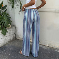 Draped Blue And White Striped Wide-leg Pants With An Elastic Waistband
