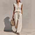 Sleeveless Ruffled V-neck Top And Elastic-waist Wide-leg Pants
