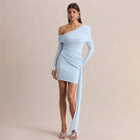 Slant-neck Off-shoulder Dress With Flowing Ribbons