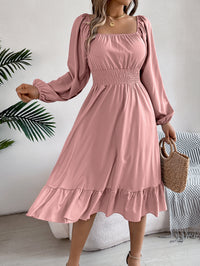 Women's Casual Solid Color Square Neck Long Sleeve Tie Waist Ruffle A-Line Dress