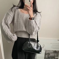 Cable-knit Sweater Lantern Sleeve Solid Color Square Collar Pullover Sweater