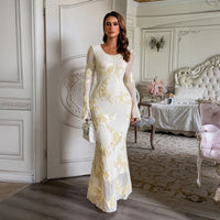 Elegant Flared-Sleeve Jacquard Slim-Fit Womens Dress