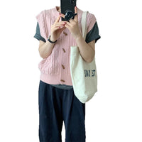 Round Neck Horn Button Knitted Cardigan Vest