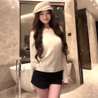 White Lapel Twist Long-sleeved Sweater Women's Slim Fit Slim Fit Versatile Top