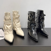 High-heeled Elegant Shaft-style Studded Belt-buckle Fashion Ankle Boots
