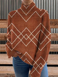 3D Striped Pattern Printed Turtleneck Long Sleeve Sweater