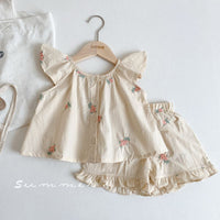 Baby's Embroidered Children's Flounced Sleeve Vest Shorts Two-piece Set