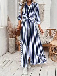 Womens Fashion Striped Cardigan Lapel Shirt Dress