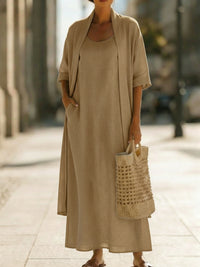 Womens Simple, Loose, Comfortable, Fashionable Cotton-Linen Two-Piece Dress Set