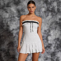 Womens Polka-Dot Waist-Cinching Tube Dress