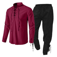 Men's Long Sleeve Linen Cotton Shirt Casual Solid Color Two-Piece Set