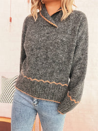 Simple Commute Half Turtleneck Lapel Contrast Color Knitted Pullover Sweater