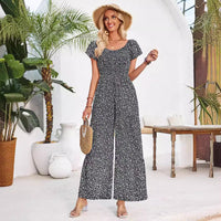 Printed Round Neck Smocking Jumpsuit Women's Clothing
