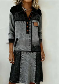 Womens Crew-Neck Pocketed Fashionable Elegant Contrast-Piece Joint Dress