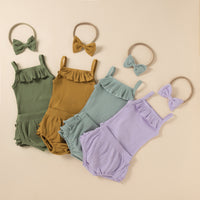 Children's Clothing Baby Solid Color Three-piece Set Sunken Stripe Strap Lace Multi-layer Edge Romper