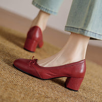 Women's Round Toe Shallow Mouth Gentle Bow Mid Heel Leather Shoes