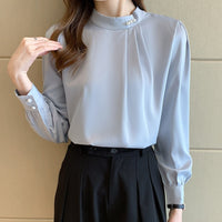 Satin Shirt Women Long Sleeve Beaded Solid Color Loose