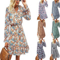 Elegant V-neck Flare-sleeve Floral Long-sleeve Dress
