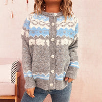 Retro Ethnic Style Knitted Jacquard Coat Round Neck Single-breasted Sweater