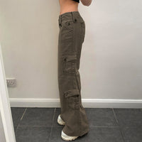 Womens Retro Style Irregular Wide Pocket Denim Jeans With A Wide Belt