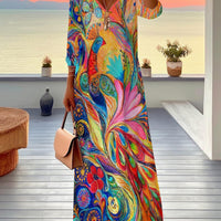 V-neck Long-sleeve Bohemian Peacock-print Floral Maxi Dress
