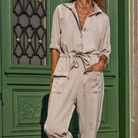 Women's Solid Color Lapel Pocket Elastic Waist Jumpsuit